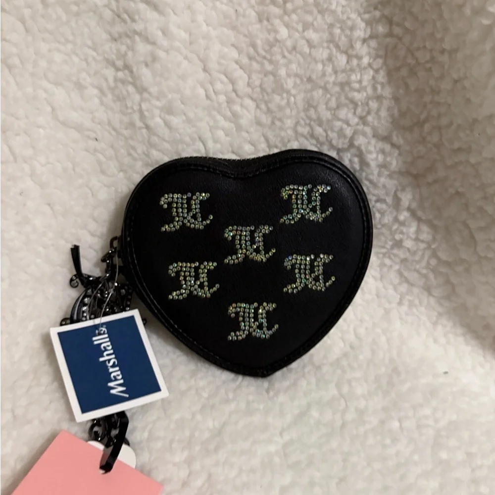 NWT Juicy Couture Heart-Shaped Black Coin Purse with Rhinestone Design
